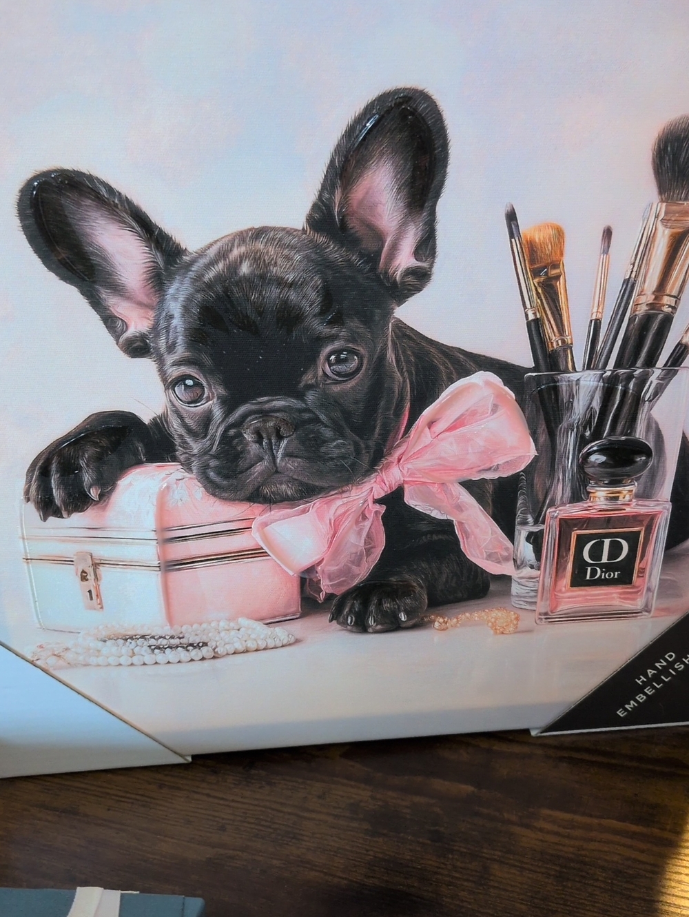 Dior Black Puppy with Pink Bow Art Print